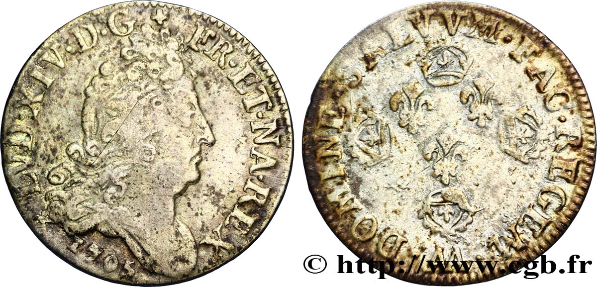 LOUIS XIV LE GRAND OU LE ROI SOLEIL Dix sols aux quatre couronnes 1705 Metz TB+/TTB