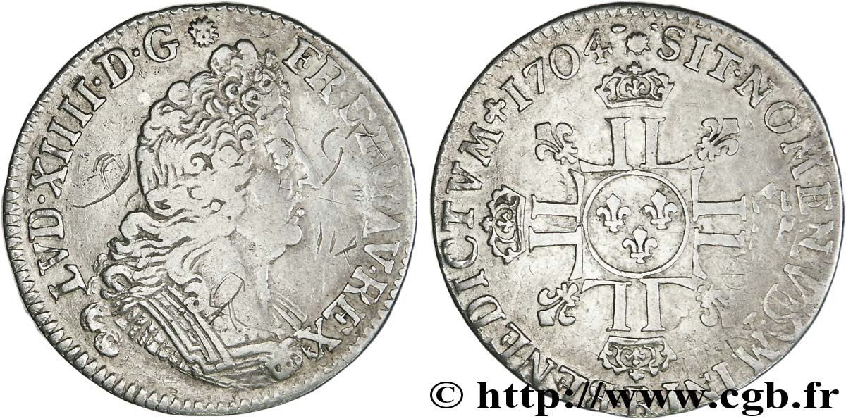 LOUIS XIV  THE SUN KING  Quart d écu aux huit L, 2e type 1704 Rouen fSS