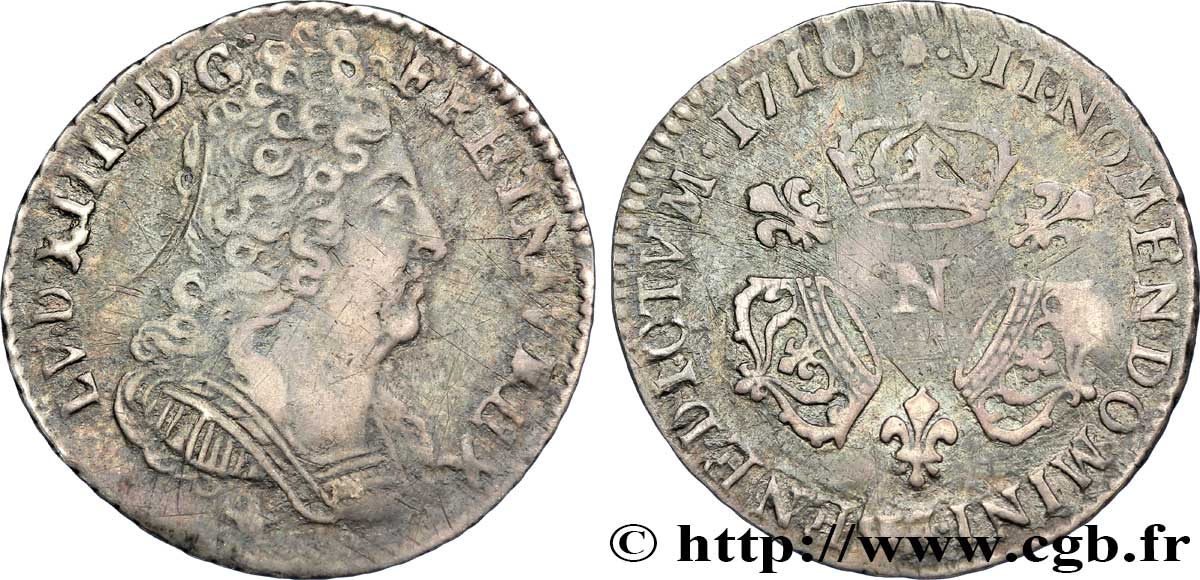 LOUIS XIV LE GRAND OU LE ROI SOLEIL Dixième d écu aux trois couronnes 1710 Montpellier TB+