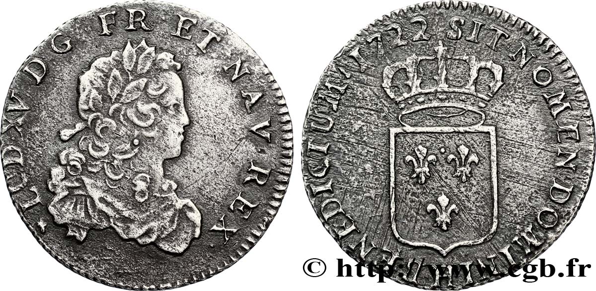 LOUIS XV &nbsp;THE WELL-BELOVED&nbsp; Tiers d&nbsp;écu de France 1722 La Rochelle XF
