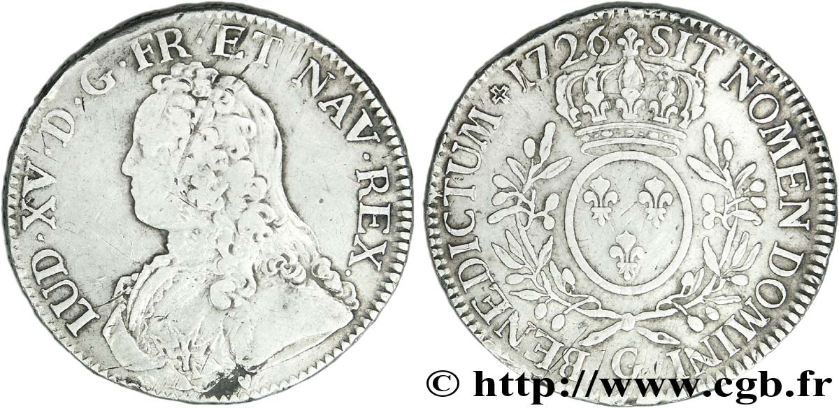 LOUIS XV DIT LE BIEN AIMÉ Écu aux branches d&nbsp;olivier, buste habillé 1726 Poitiers TB/TB+