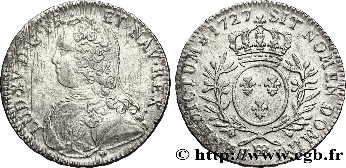 LOUIS XV &nbsp;THE WELL-BELOVED&nbsp; Demi-écu aux branches d&nbsp;olivier, buste habillé 1727 Strasbourg XF/AU
