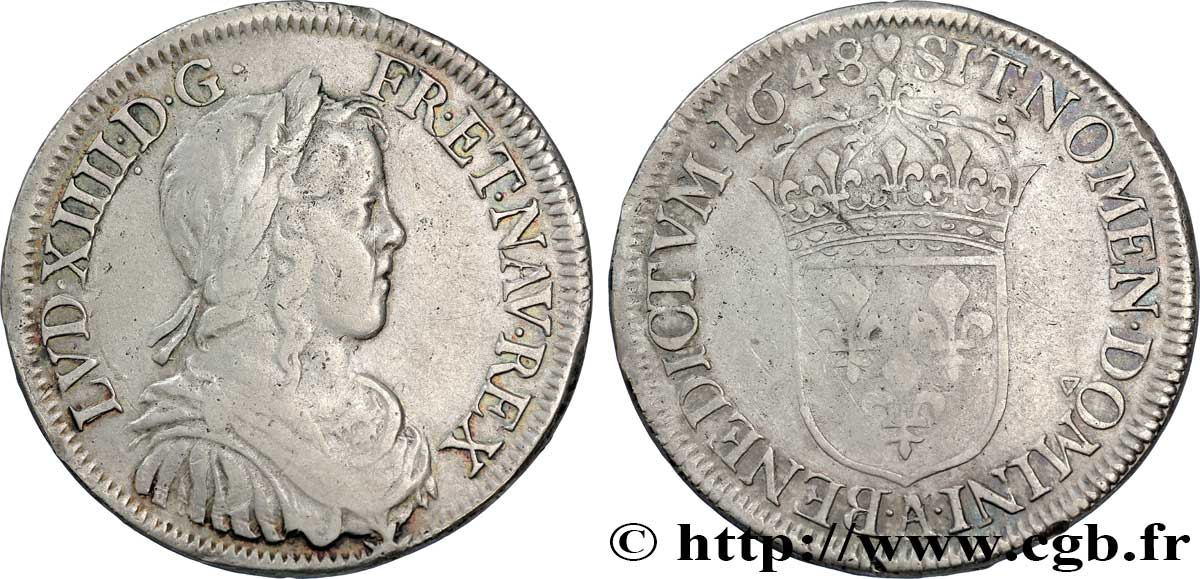 LOUIS XIV LE GRAND OU LE ROI SOLEIL Demi-écu, portrait à la mèche longue 1648 Paris TB+