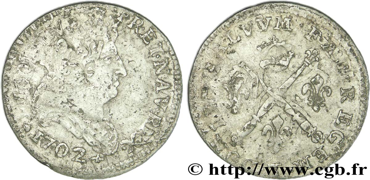 LOUIS XIV &nbsp;THE SUN KING&nbsp; Cinq sols aux insignes 1702 Nantes q.MB