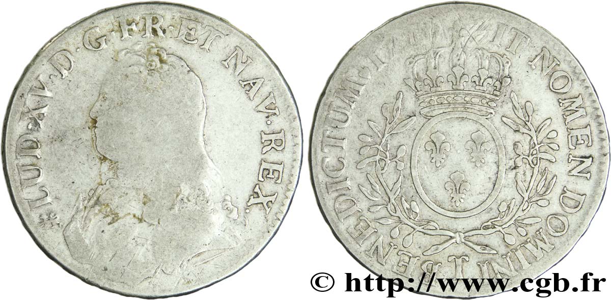 LOUIS XV THE BELOVED Écu aux branches d olivier, buste habillé 1726 Nantes VF/VF