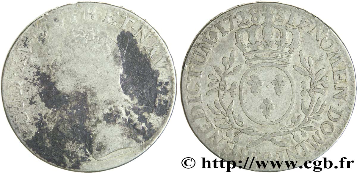 LOUIS XV  THE WELL-BELOVED  Écu aux branches d olivier, buste habillé 1728 Rouen RC/BC