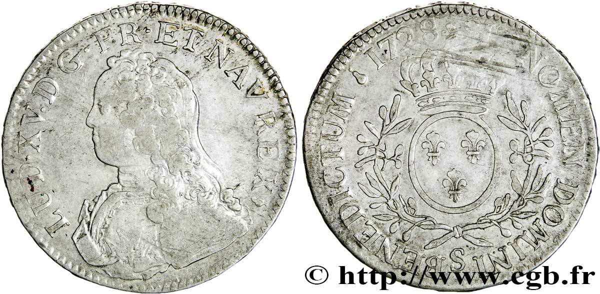 LOUIS XV DIT LE BIEN AIMÉ Écu aux branches d&nbsp;olivier, buste habillé 1728 Reims TTB