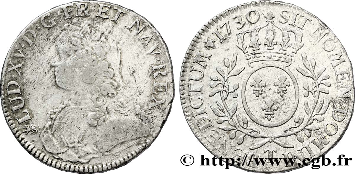 LOUIS XV DIT LE BIEN AIMÉ Écu aux branches d&nbsp;olivier, buste habillé 1730 Nantes TB+/TTB+