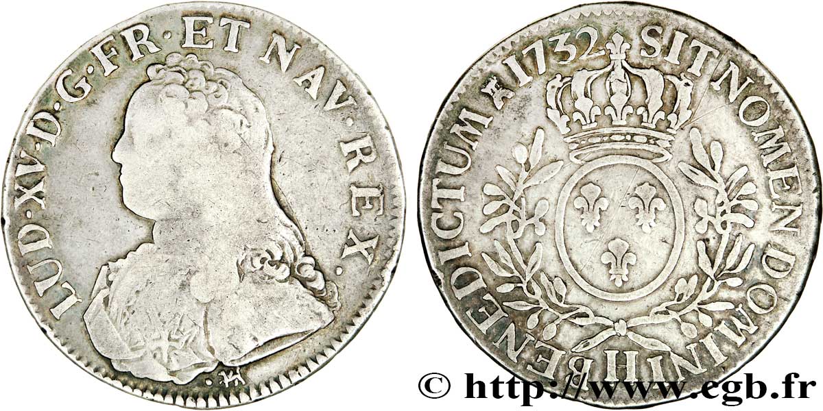 LOUIS XV DIT LE BIEN AIMÉ Écu aux branches d&nbsp;olivier, buste habillé 1732 La Rochelle B+/TB+