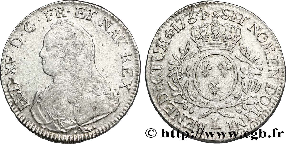 LOUIS XV DIT LE BIEN AIMÉ Écu aux branches d&nbsp;olivier, buste habillé 1734 Bayonne TTB/TTB+