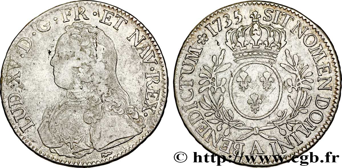 LOUIS XV DIT LE BIEN AIMÉ Écu aux branches d&nbsp;olivier, buste habillé 1735 Paris TB/TTB