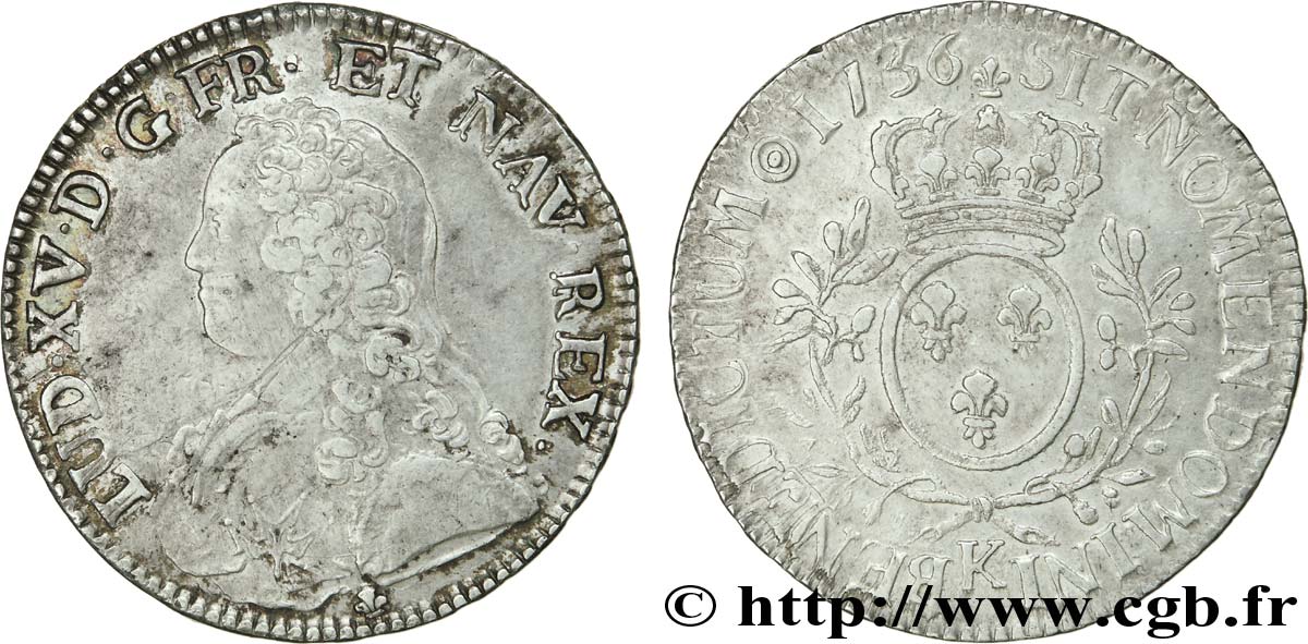 LOUIS XV DIT LE BIEN AIMÉ Écu aux branches d&nbsp;olivier, buste habillé 1736 Bordeaux TTB