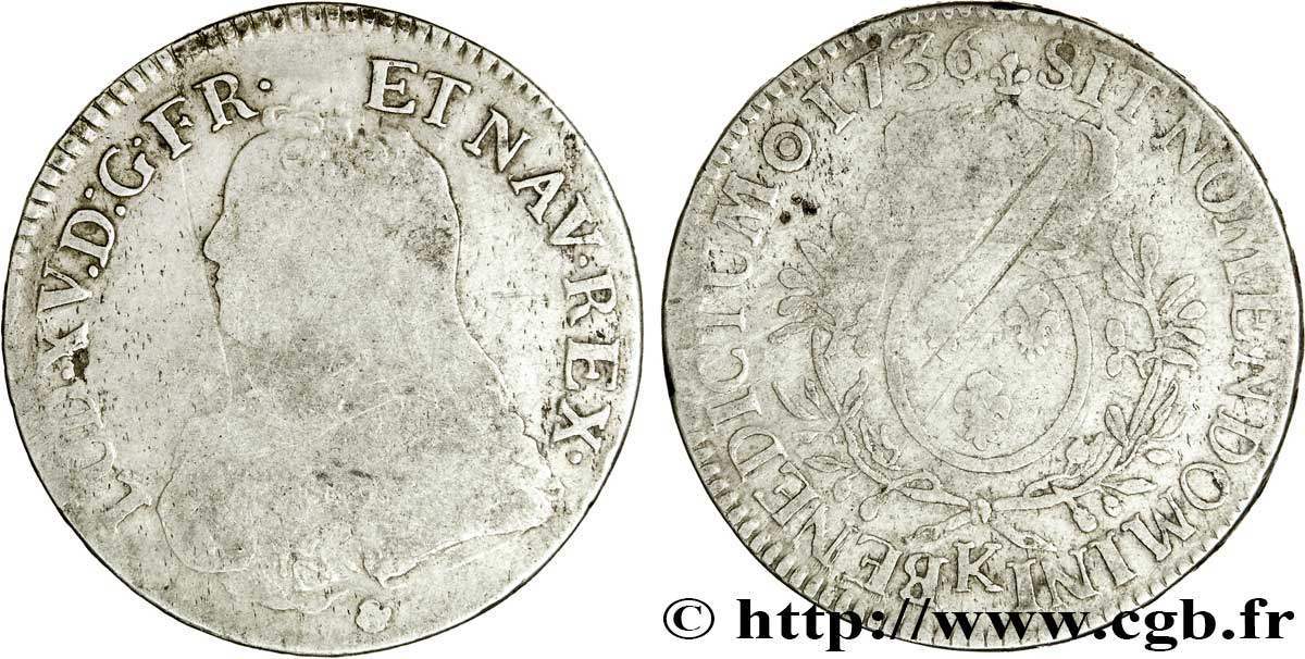 LOUIS XV DIT LE BIEN AIMÉ Écu aux branches d&nbsp;olivier, buste habillé 1736 Bordeaux B+