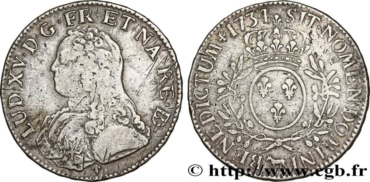 LOUIS XV DIT LE BIEN AIMÉ Écu aux branches d&nbsp;olivier, buste habillé 1734  Pau TB+/TTB