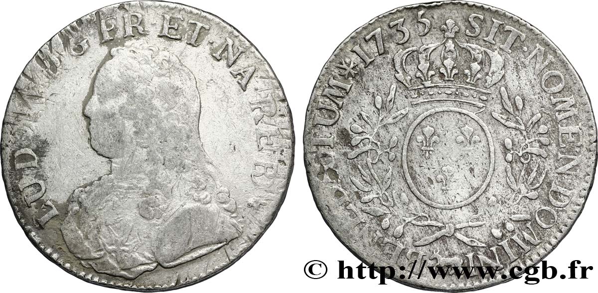 LOUIS XV DIT LE BIEN AIMÉ Écu aux branches d&nbsp;olivier, buste habillé 1735 Pau TB/TB+