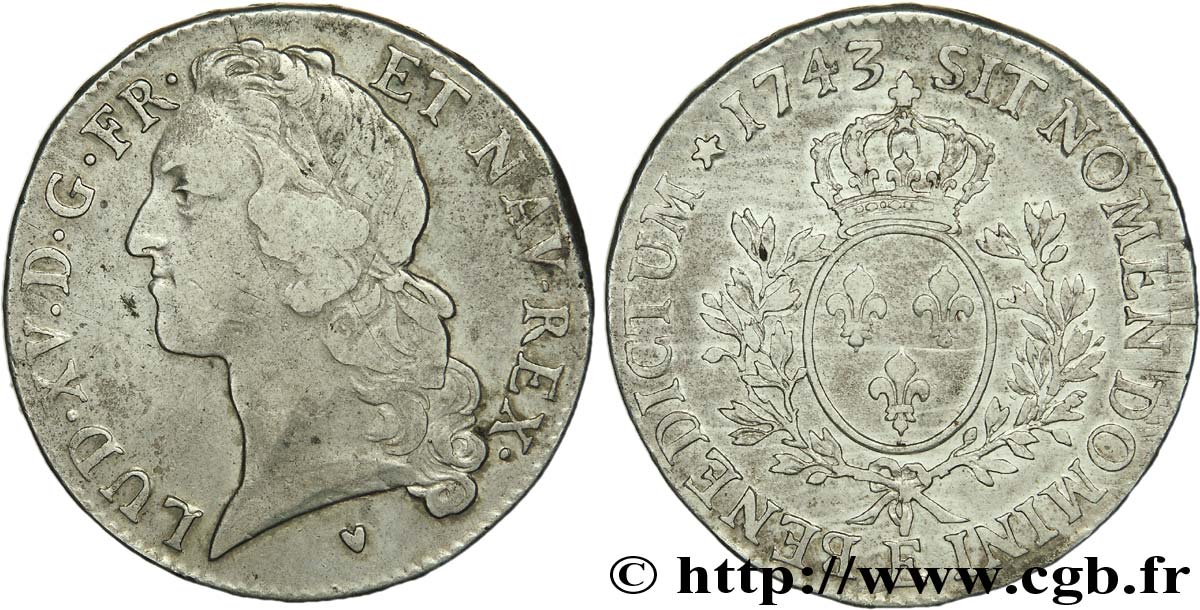 LOUIS XV DIT LE BIEN AIMÉ Écu aux branches d’olivier, tête ceinte d’un bandeau 1743 Tours TB+