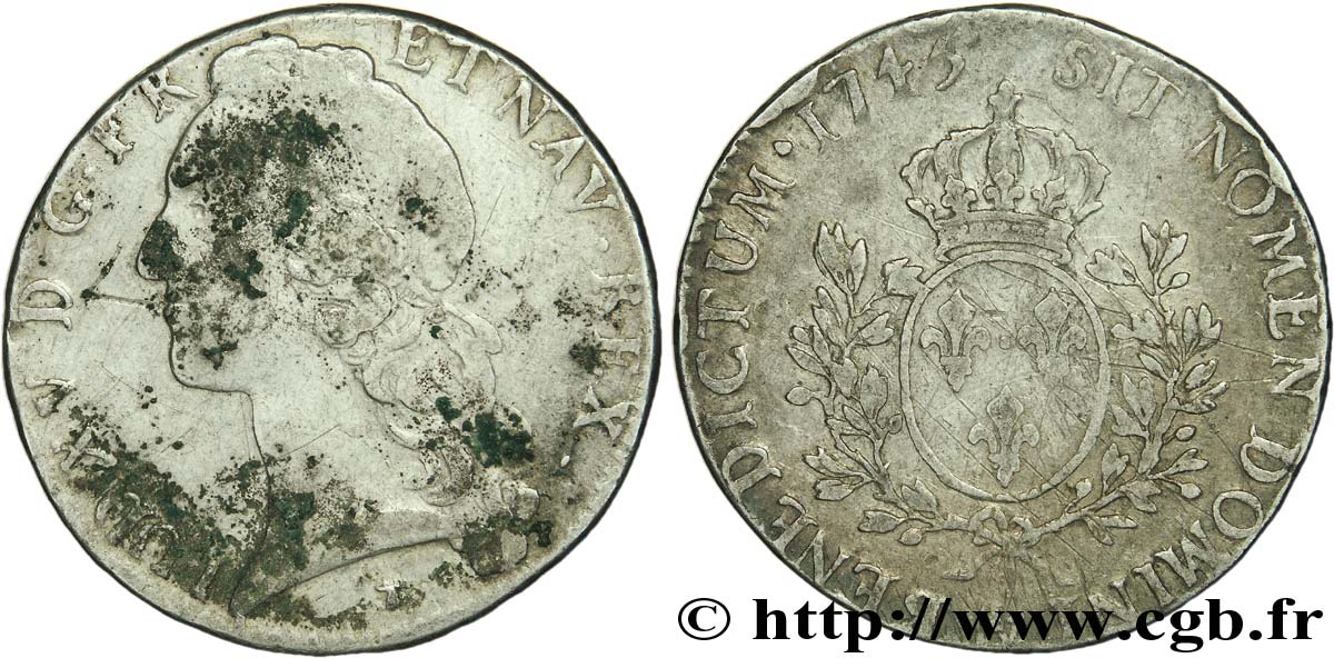 LOUIS XV  THE WELL-BELOVED  Écu aux branches d’olivier, tête ceinte d’un bandeau 1745 Aix-en-Provence S