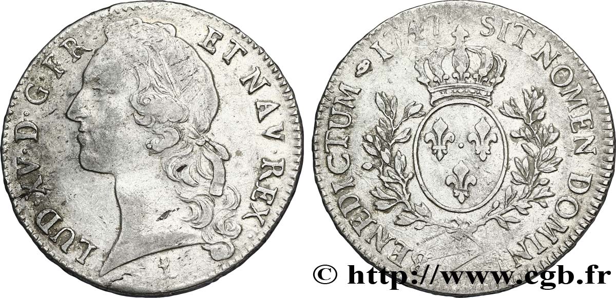 LOUIS XV DIT LE BIEN AIMÉ Écu aux branches d’olivier, tête ceinte d’un bandeau 1747 Montpellier TTB