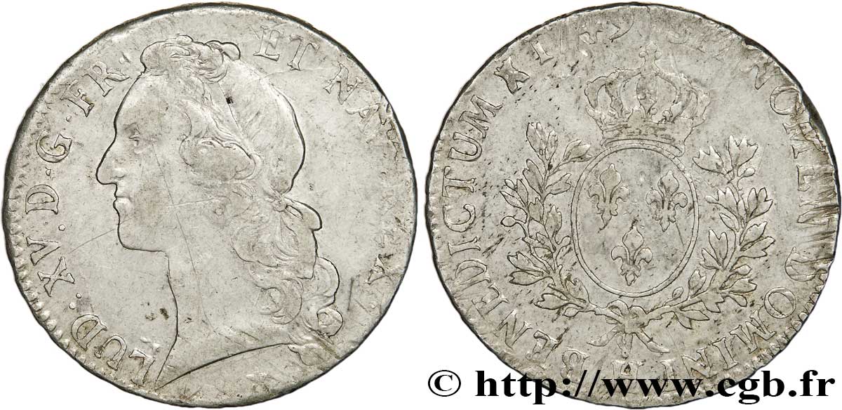 LOUIS XV DIT LE BIEN AIMÉ Écu aux branches d’olivier, tête ceinte d’un bandeau 1749 La Rochelle TB+