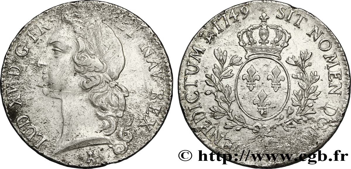 LOUIS XV &nbsp;THE WELL-BELOVED&nbsp; Écu aux branches d’olivier, tête ceinte d’un bandeau 1749 Nantes XF
