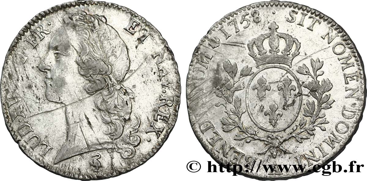 LOUIS XV DIT LE BIEN AIMÉ Écu aux branches d’olivier, tête ceinte d’un bandeau 1758  Paris TTB+