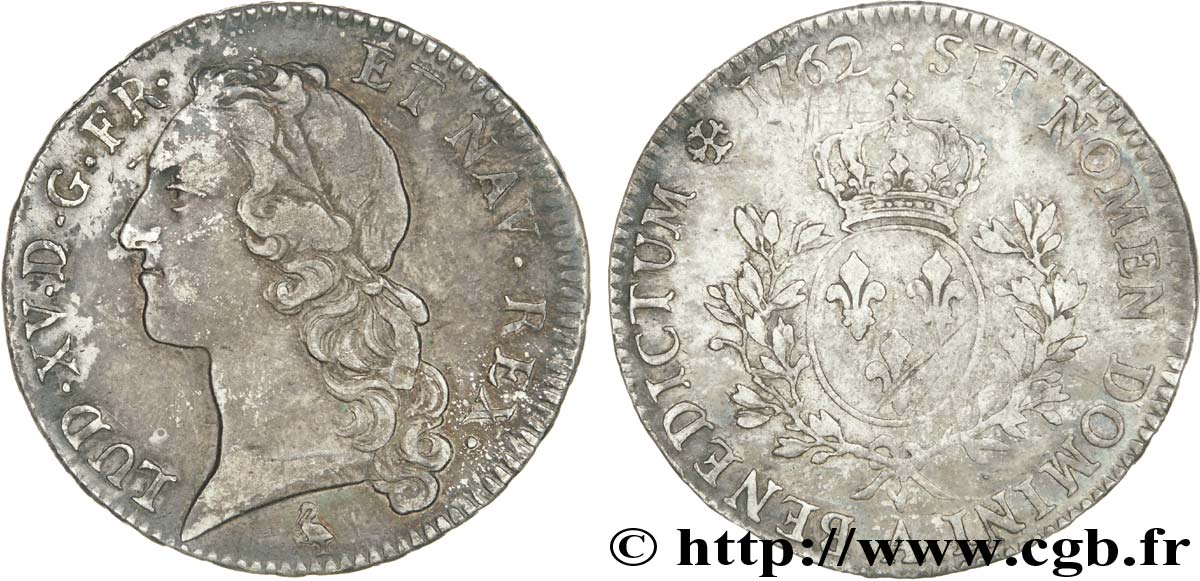 LOUIS XV DIT LE BIEN AIMÉ Écu aux branches d’olivier, tête ceinte d’un bandeau 1762 Paris TTB