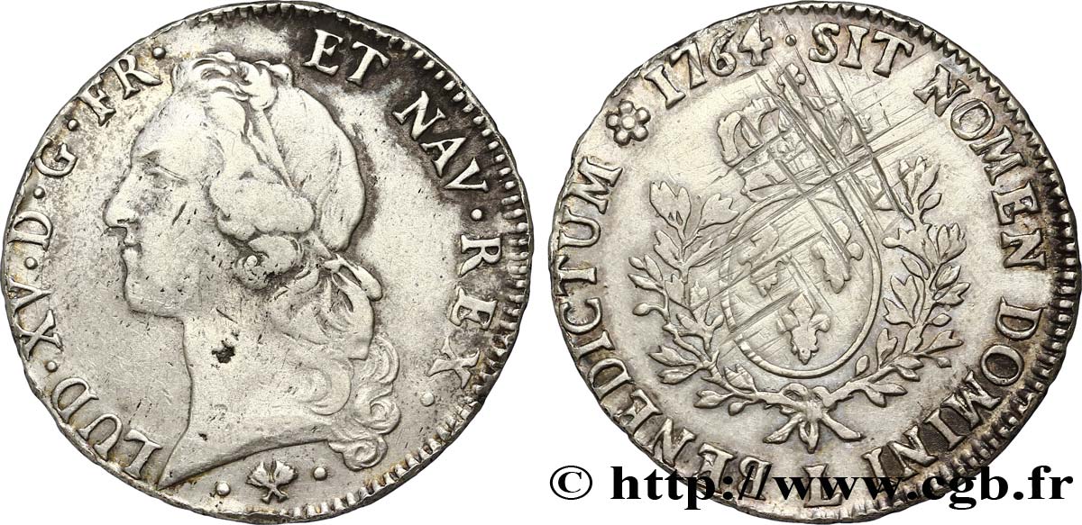LOUIS XV  THE WELL-BELOVED  Écu aux branches d’olivier, tête ceinte d’un bandeau 1764 Bayonne BC+/MBC