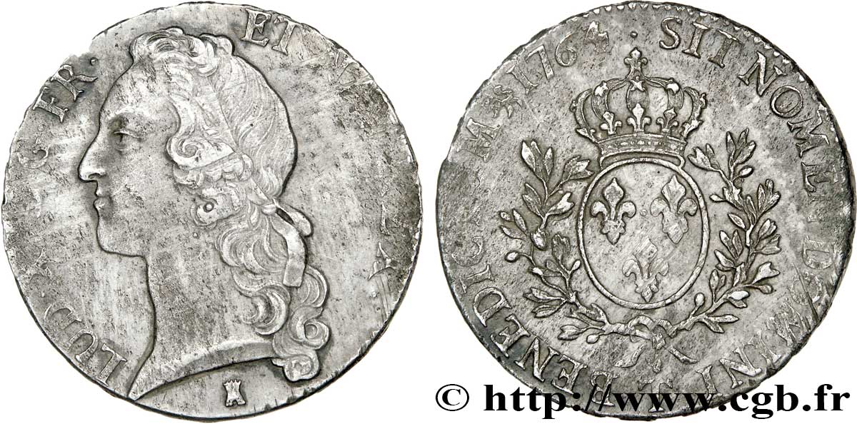 LOUIS XV DIT LE BIEN AIMÉ Écu aux branches d’olivier, tête ceinte d’un bandeau 1764 Nantes TTB+