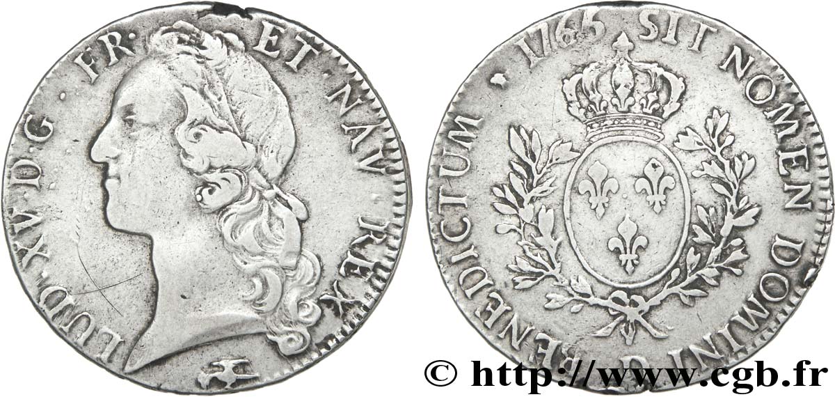 LOUIS XV  THE WELL-BELOVED  Écu aux branches d’olivier, tête ceinte d’un bandeau 1765 Lyon SS