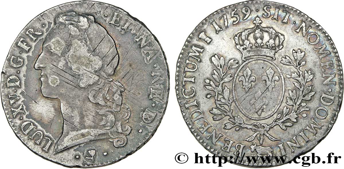 LOUIS XV DIT LE BIEN AIMÉ Écu aux branches d’olivier, tête ceinte d’un bandeau 1759 Pau TB/TTB