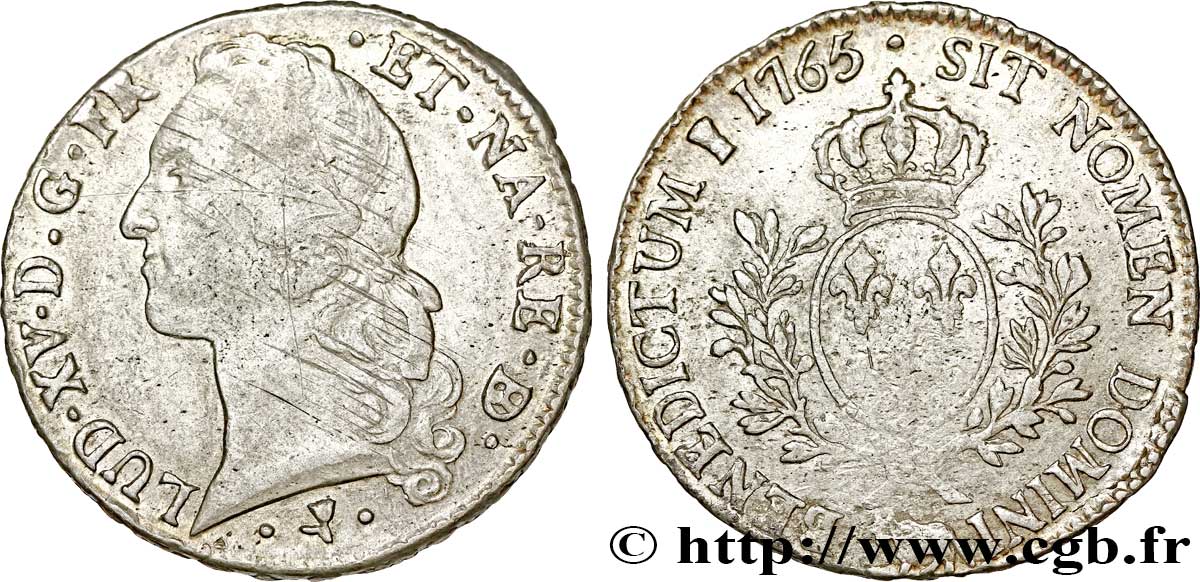 LOUIS XV DIT LE BIEN AIMÉ Écu aux branches d’olivier, tête ceinte d’un bandeau 1765 Pau TB+/TTB