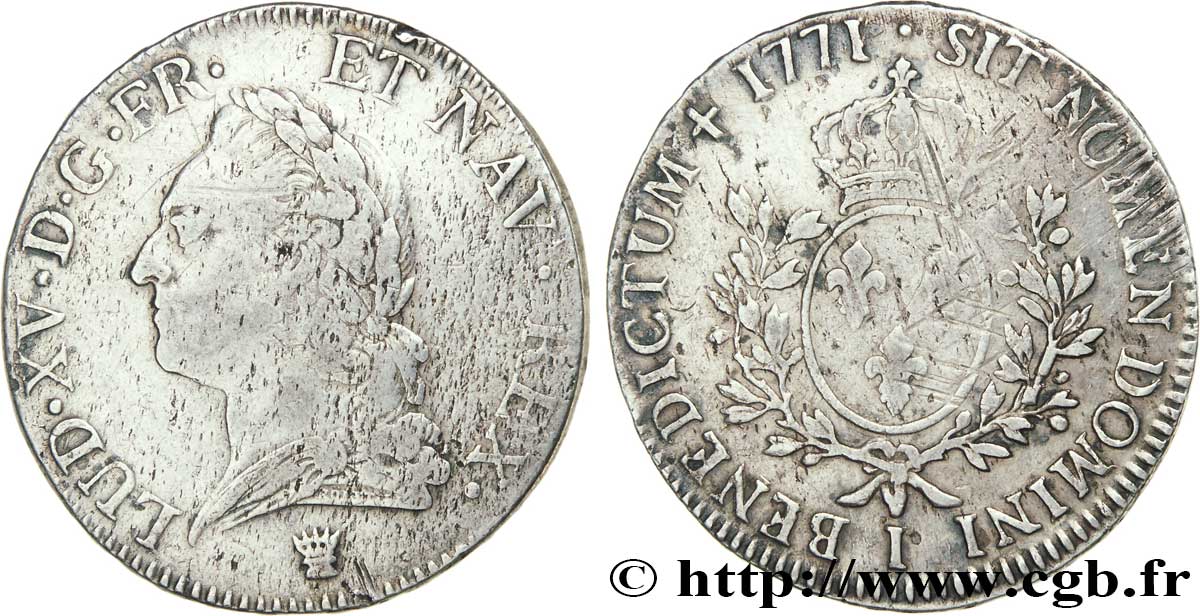 LOUIS XV DIT LE BIEN AIMÉ Écu aux branches d’olivier, buste lauré 1771 Limoges TTB