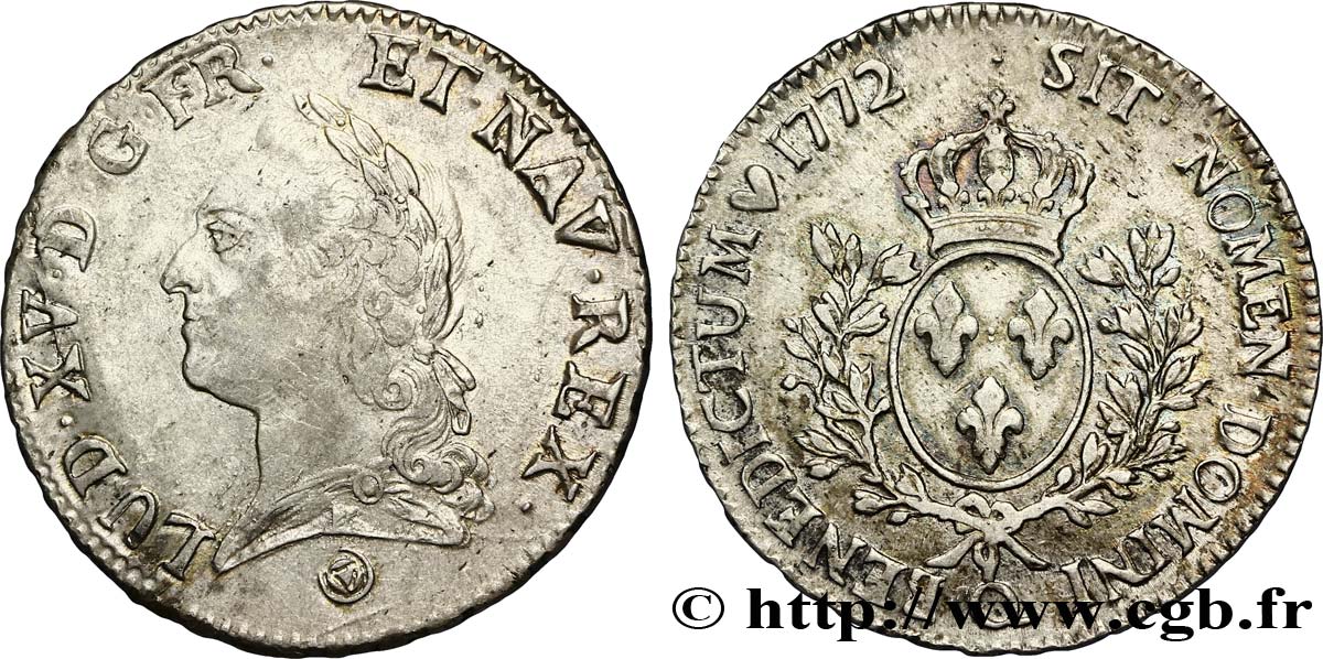 LOUIS XV &nbsp;THE WELL-BELOVED&nbsp; Écu aux branches d’olivier, buste lauré 1772 Perpignan XF/AU
