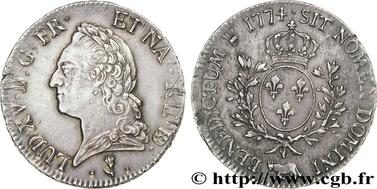 LOUIS XV  THE WELL-BELOVED  Écu aux branches d’olivier, buste lauré 1774 Pau VZ