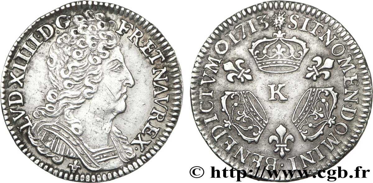 LOUIS XIV  THE SUN KING  Dixième d écu aux trois couronnes 1713 Bordeaux MBC+