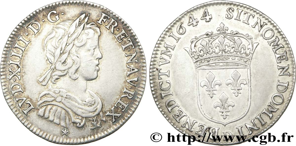 LOUIS XIV LE GRAND OU LE ROI SOLEIL Quart d&nbsp;écu, portrait à la mèche courte 1644 Lyon TTB