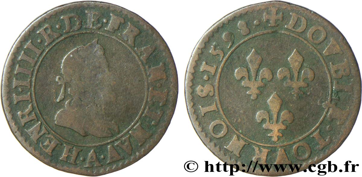 HENRI IV LE GRAND Double tournois, 1er type de Paris (légende française) 1598 Paris, Moulin des Étuves B+/TB