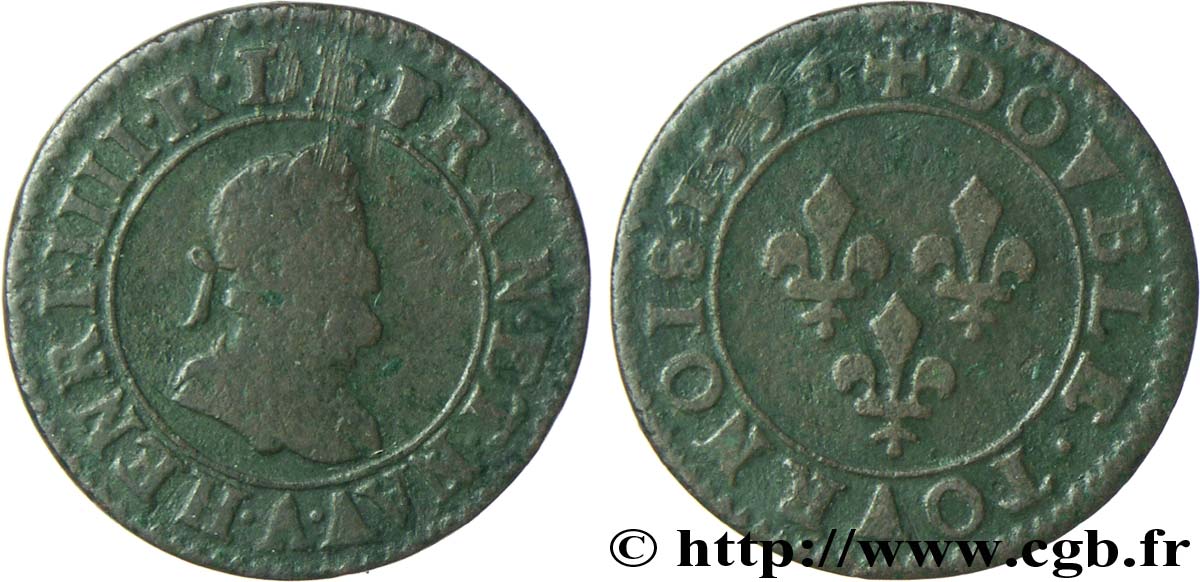 HENRI IV LE GRAND Double tournois, 1er type de Paris (légende française) 1598 Paris, Moulin des Étuves B+/TB