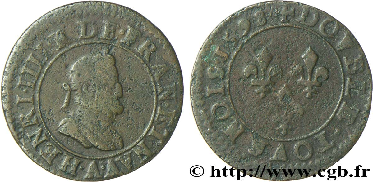 HENRI IV LE GRAND Double tournois, 1er type de Paris (légende française) 1598 Paris, Moulin des Étuves TB+