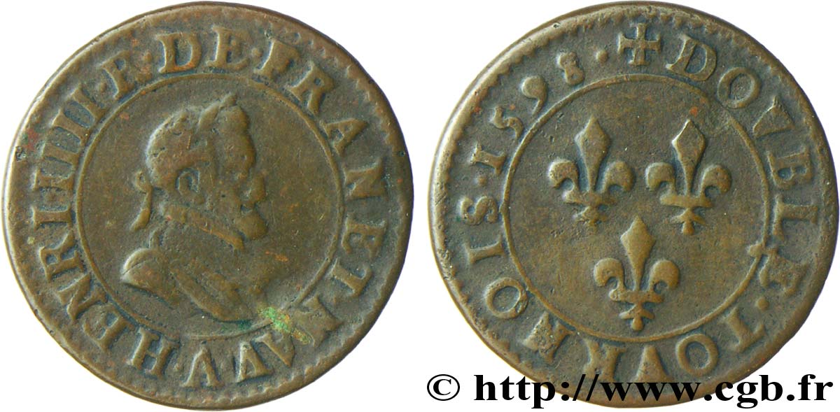 HENRI IV LE GRAND Double tournois, 1er type de Paris (légende française) 1598 Paris, Moulin des Étuves TB+