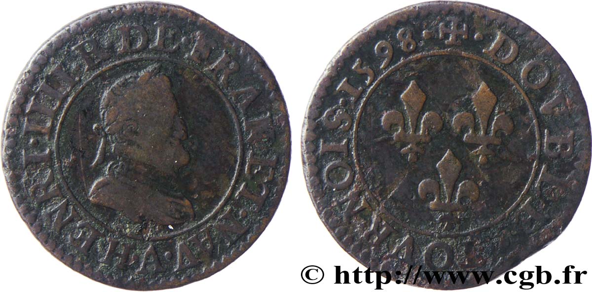 HENRI IV LE GRAND Double tournois, 1er type de Paris (légende française) 1598 Paris, Moulin des Étuves TB/TB+