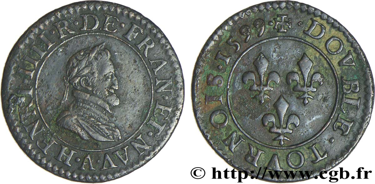 HENRI IV LE GRAND Double tournois, type 2 1599 Paris, Moulin des Étuves TTB