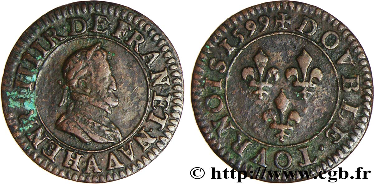 HENRI IV LE GRAND Double tournois, type 2 1599 Paris, Moulin des Étuves TTB