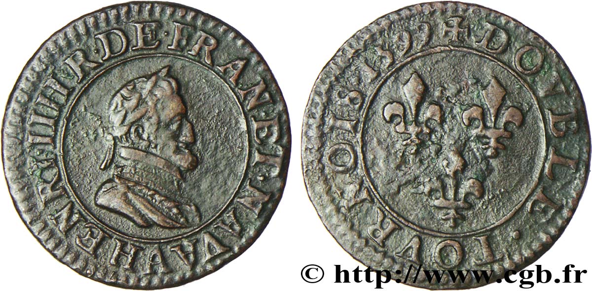 HENRI IV LE GRAND Double tournois, type 2 1599 Paris, Moulin des Étuves TTB