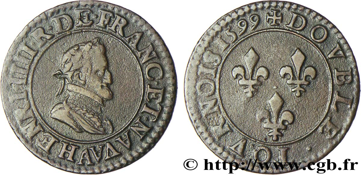 HENRI IV LE GRAND Double tournois, type 2 1599 Paris, Moulin des Étuves TTB