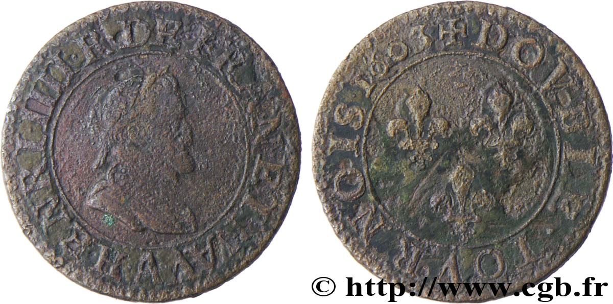 HENRI IV LE GRAND Double tournois, 1er type de Paris (légende française) 1603 Paris, Moulin des Étuves B