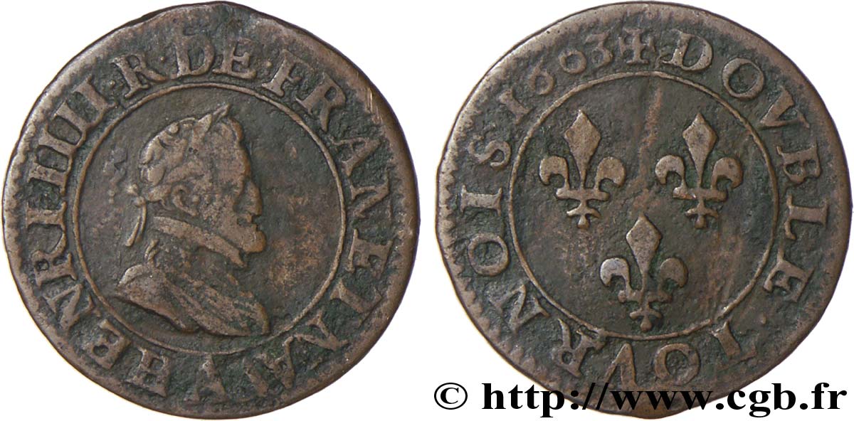 HENRI IV LE GRAND Double tournois, 1er type de Paris (légende française) 1603 Paris, Moulin des Étuves TB