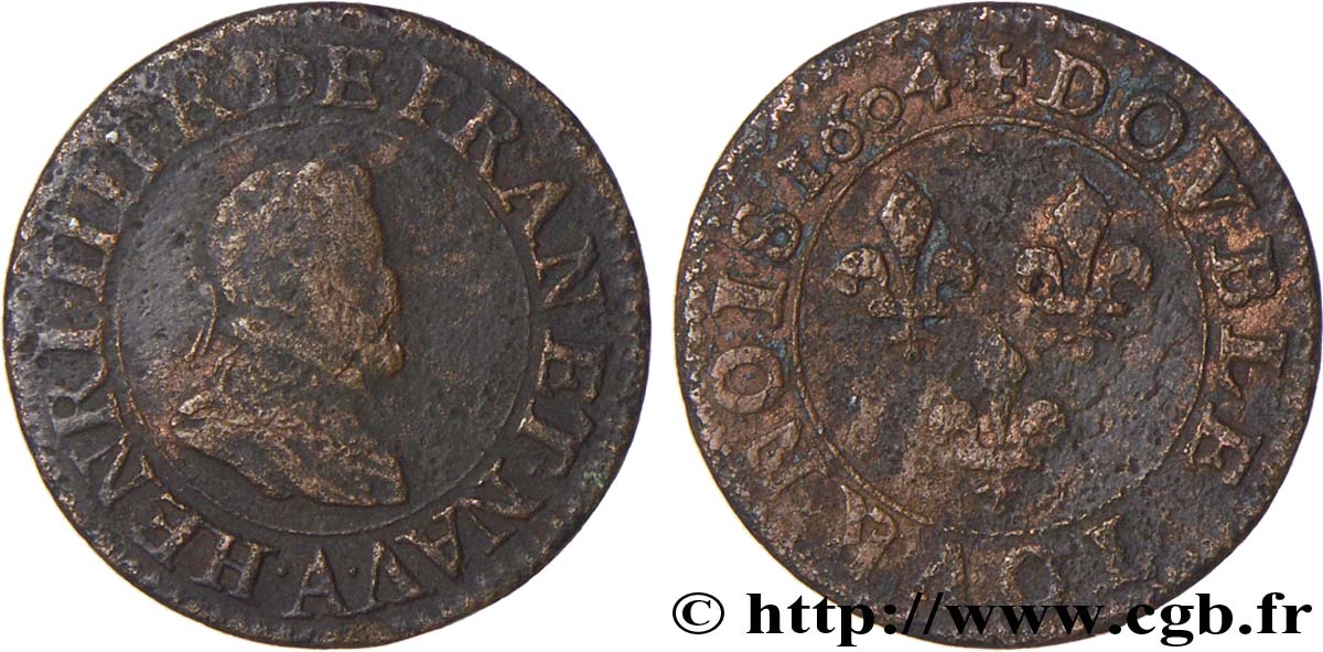 HENRI IV LE GRAND Double tournois, 1er type de Paris (légende française) 1604 Paris, Moulin des Étuves B+
