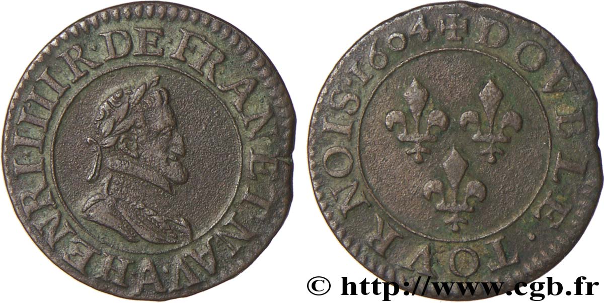 HENRI IV LE GRAND Double tournois, 1er type de Paris (légende française) 1604 Paris, Moulin des Étuves TTB