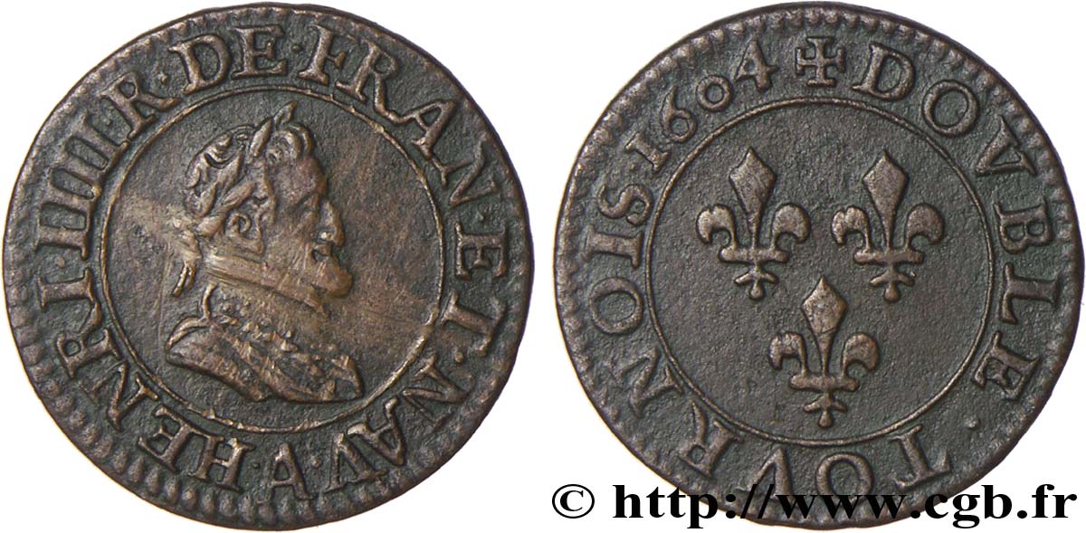 HENRI IV LE GRAND Double tournois, 1er type de Paris (légende française) 1604 Paris, Moulin des Étuves TTB/TTB+